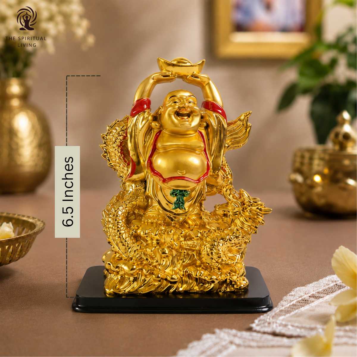 Golden Laughing Buddha Holding Ingot on Dragon  6.5 inch