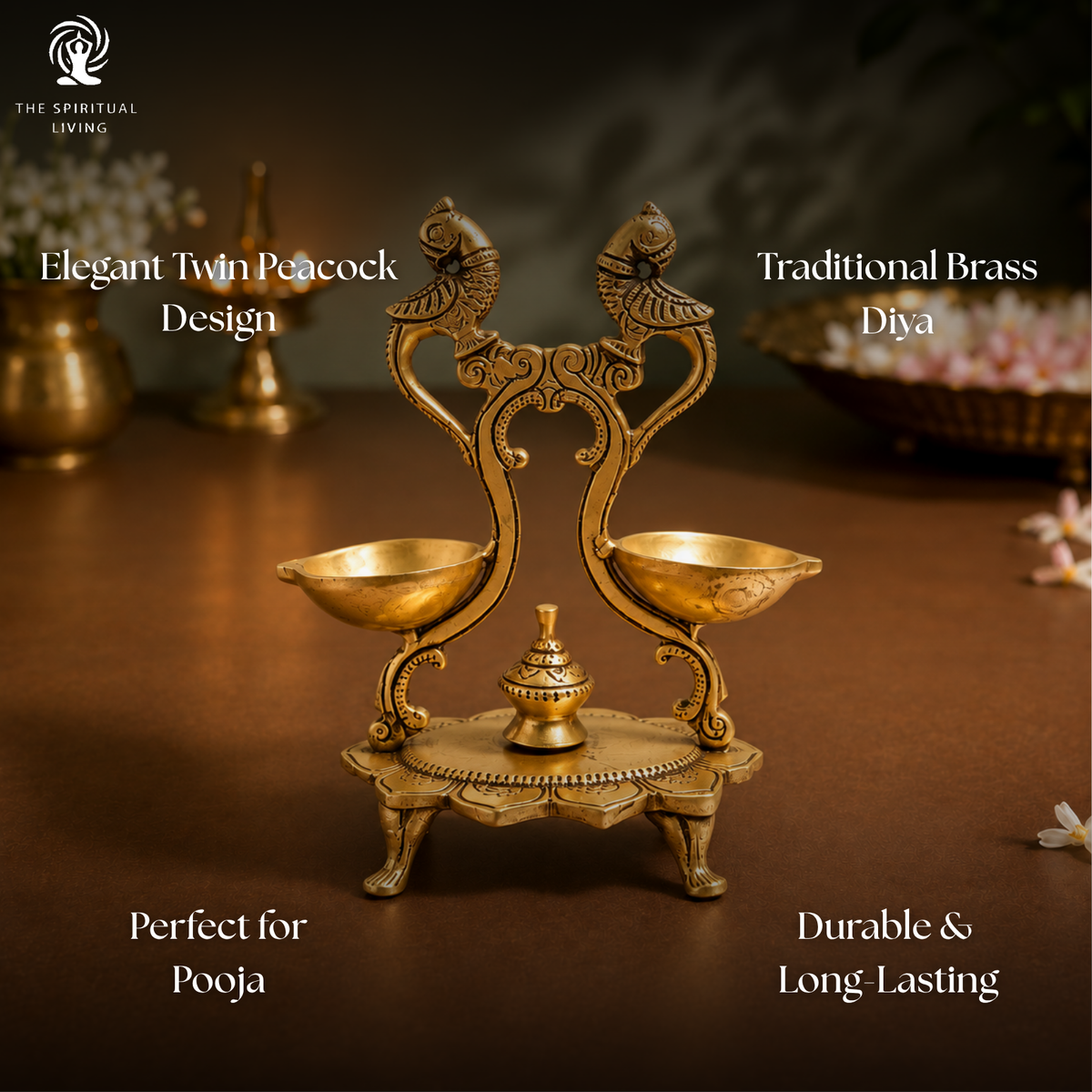 Brass Twin Peacock Oil Wick Diya - 7 Inch