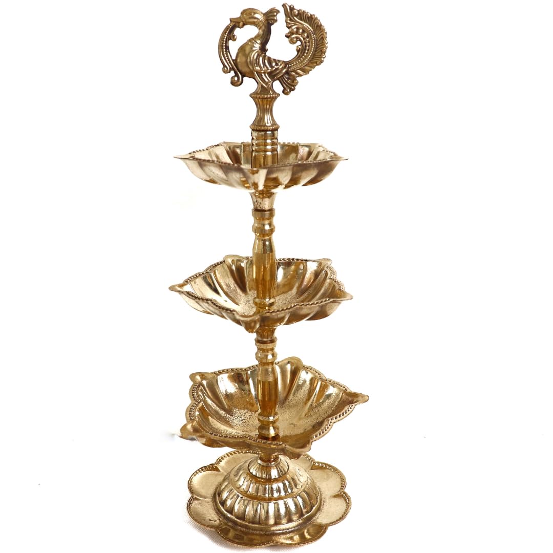 Three Tiered Brass Peacock Diya - 8.5 Inch - 3 Layer Diya Stand
