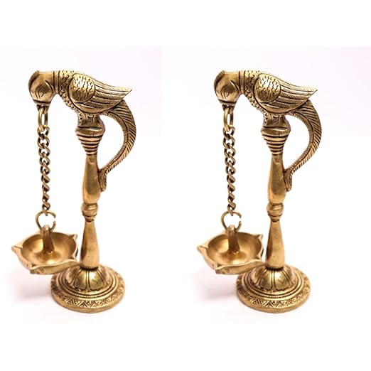 Ethnic Parrot with Carved Legs Five Oil Wick Brass Diya - Pack of 2