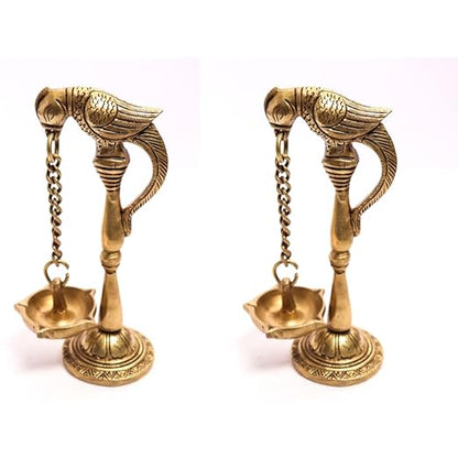 Ethnic Parrot with Carved Legs Five Oil Wick (Brass) Diya