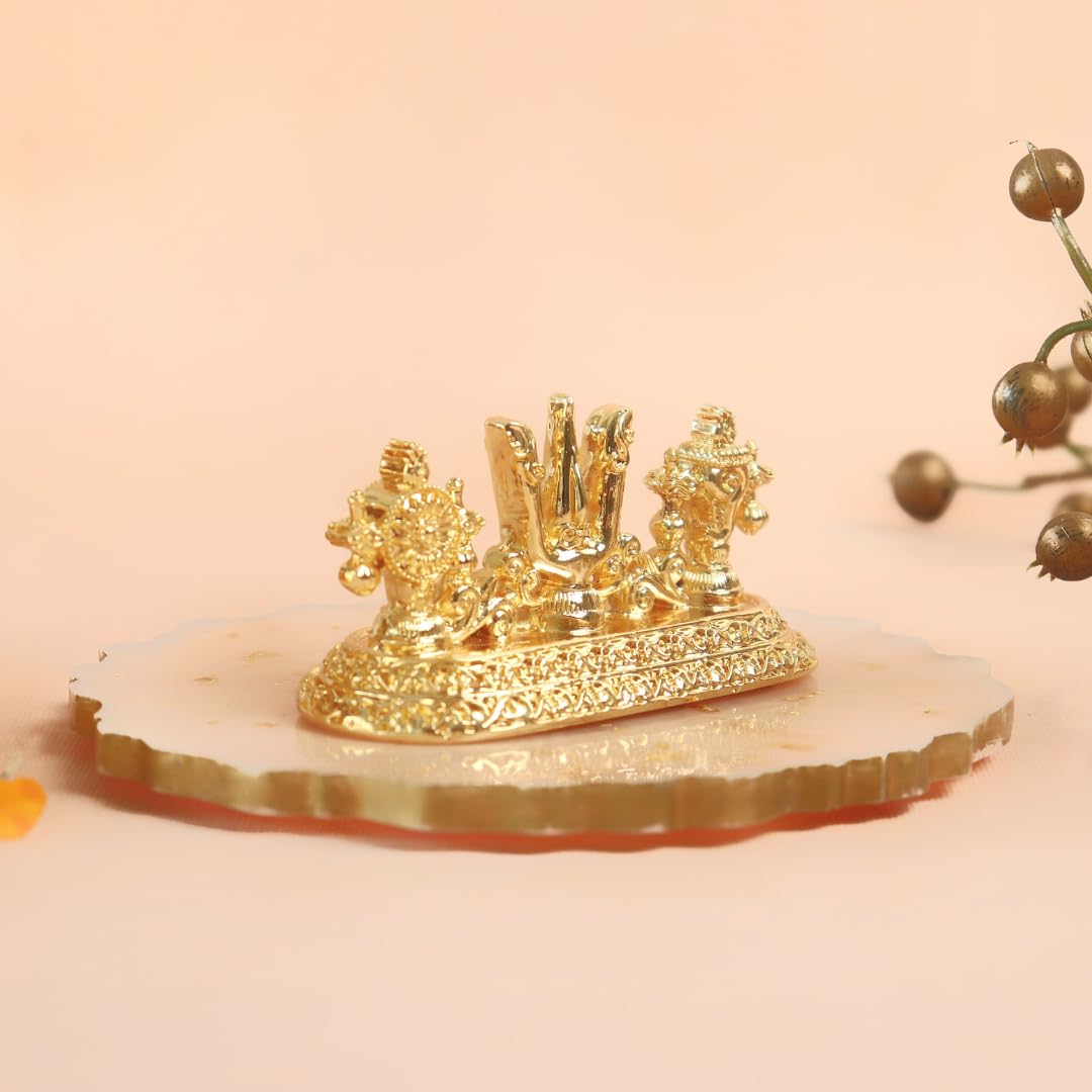 24K Gold Plated Shankh Chakra Tilak | 3 Inch | Shankha Gada Padma |Padmanabha Swami Vishnu | Table Top Decor |