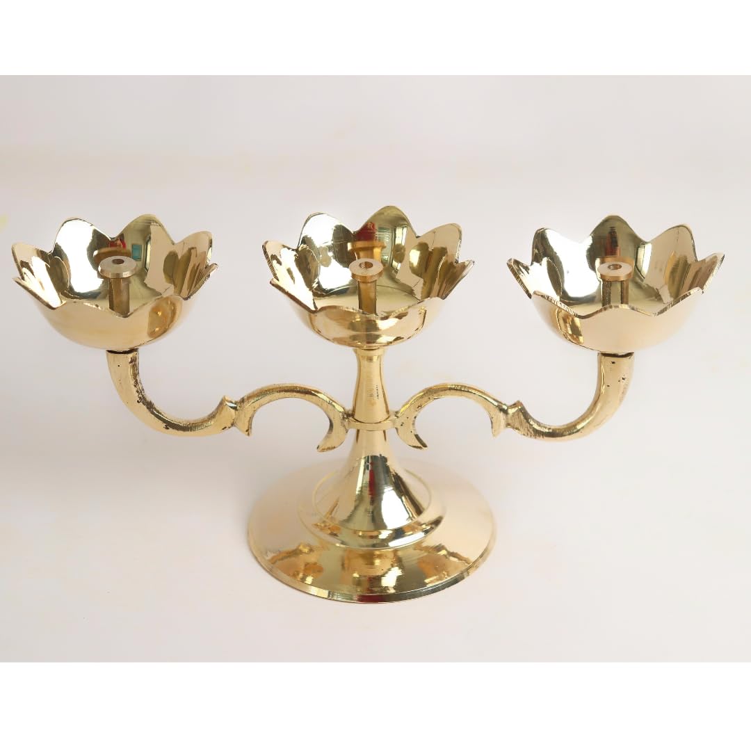 Triple Lotus Diya Stand | 8.5 Inch | Traditional Oil Lamp for Puja 3-Wick | Kuthu Vilakku Decoration