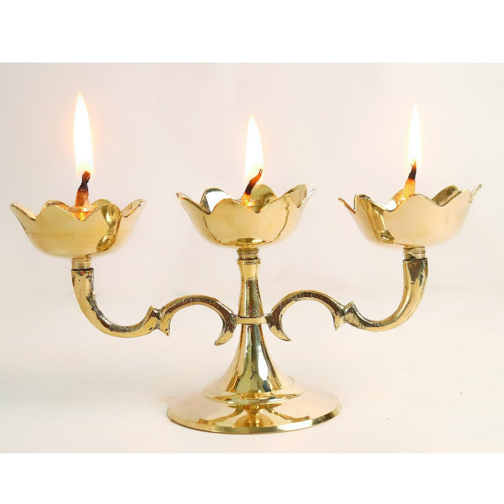 Triple Lotus Diya Stand | 8.5 Inch | Traditional Oil Lamp for Puja 3-Wick | Kuthu Vilakku Decoration