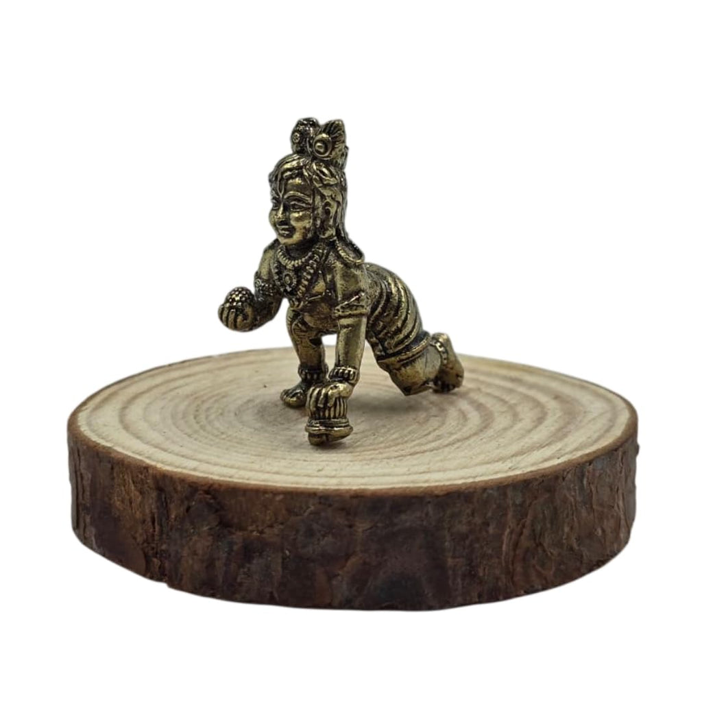 Brass Miniature Laddu Gopal Idol | 1 Inch | Crawling Bal Krishna Murti | Makhan Chor Statue | Figurine Decorative |