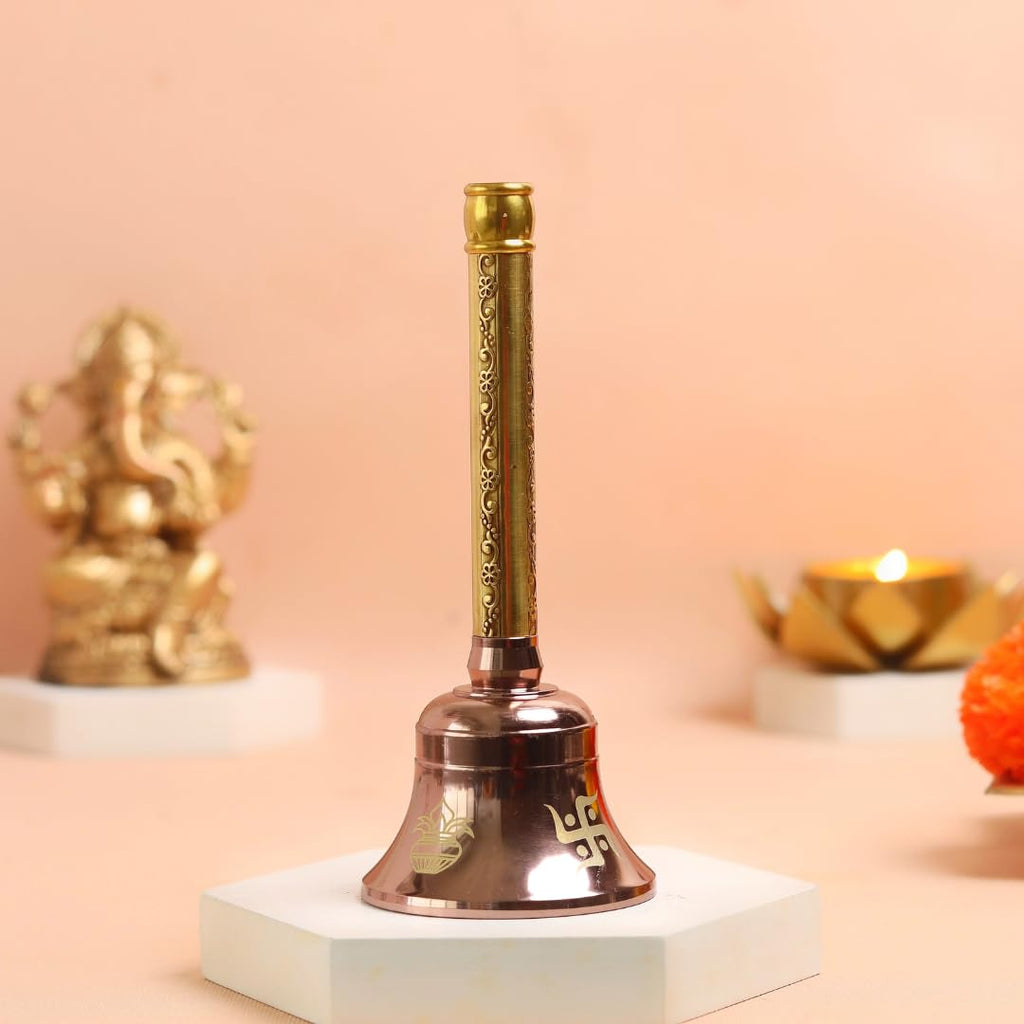 The Spiritual Living Premium Brass Bell | 5.5 Inch | Swastik & Kalash | Handbell for Pooja | | Decoration Items |