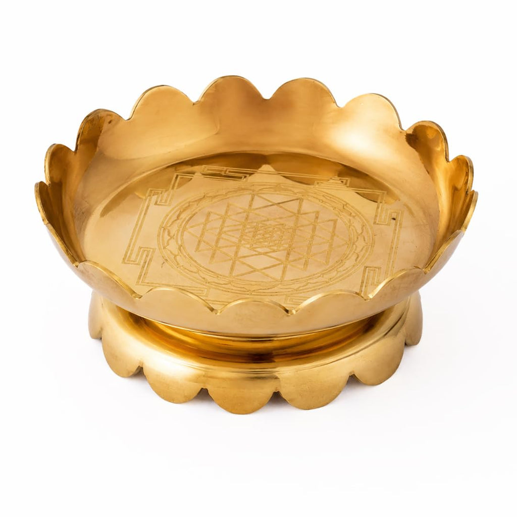 Brass Shree Yantra Lotus Stand | 4 Inch |Sri Yantra Plate for Puja |Lotus Chowki | Pooja Accessories |Diwali |