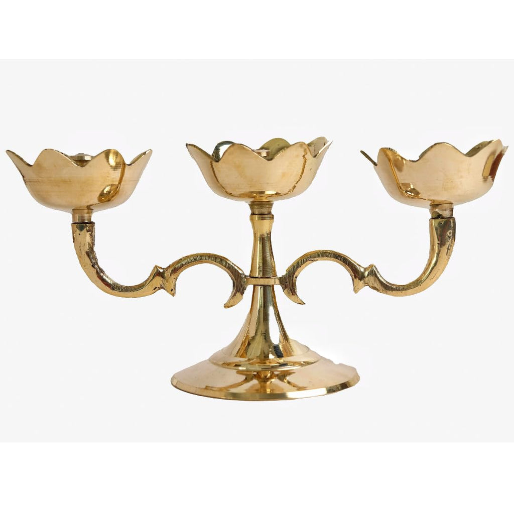 Triple Lotus Diya Stand | 8.5 Inch | Traditional Oil Lamp for Puja 3-Wick | Kuthu Vilakku Decoration