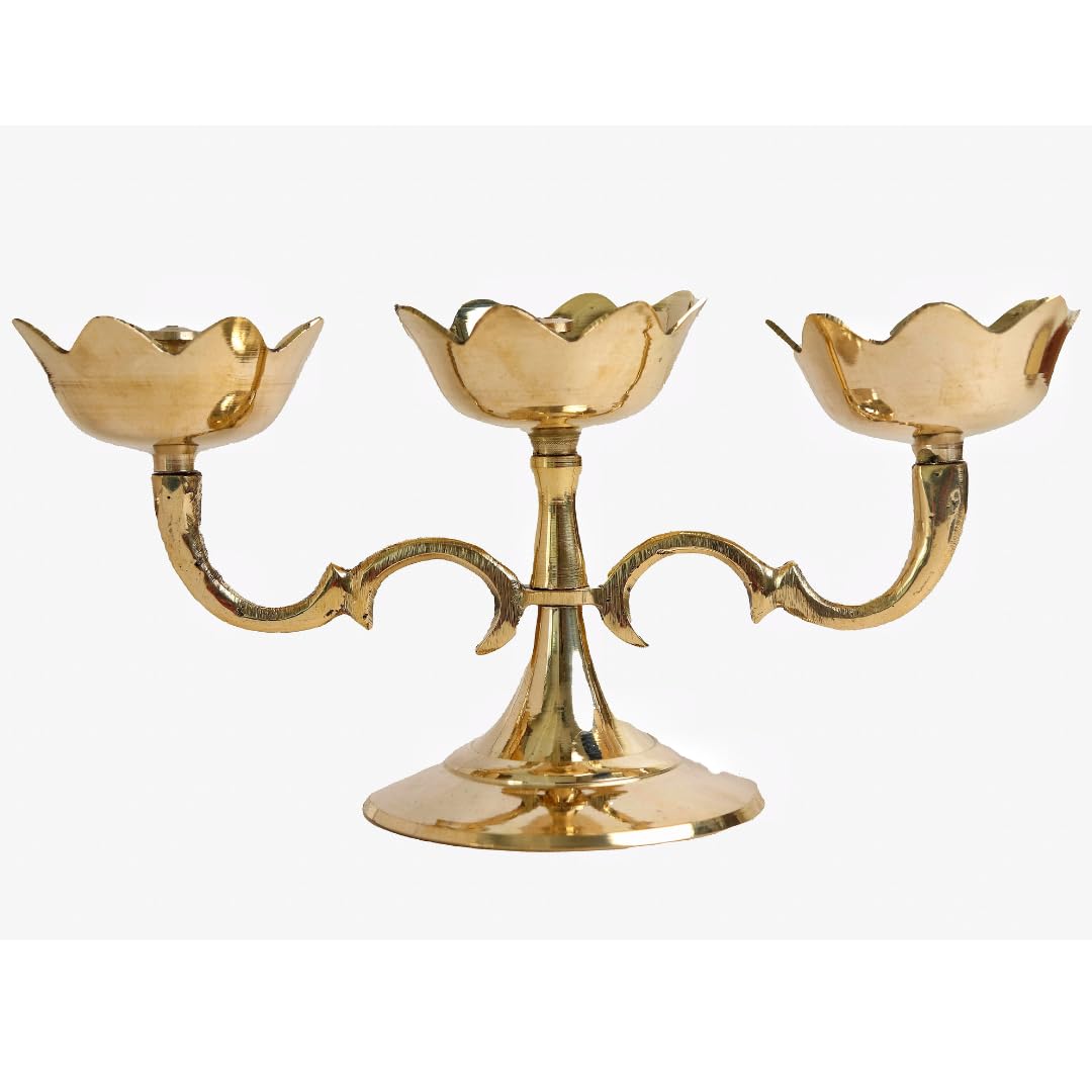 Triple Lotus Diya Stand | 8.5 Inch | Traditional Oil Lamp for Puja 3-Wick | Kuthu Vilakku Decoration