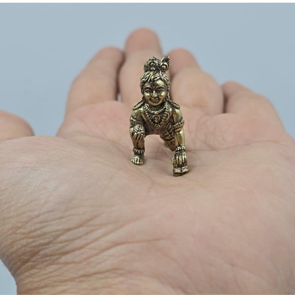 Brass Miniature Laddu Gopal Idol | 1 Inch | Crawling Bal Krishna Murti | Makhan Chor Statue | Figurine Decorative |