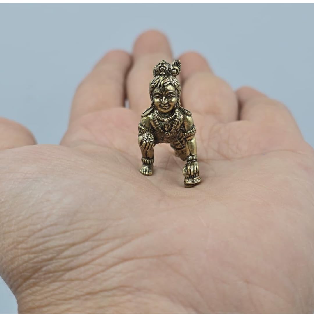 Brass Miniature Laddu Gopal Idol | 1 Inch | Crawling Bal Krishna Murti | Makhan Chor Statue | Figurine Decorative |
