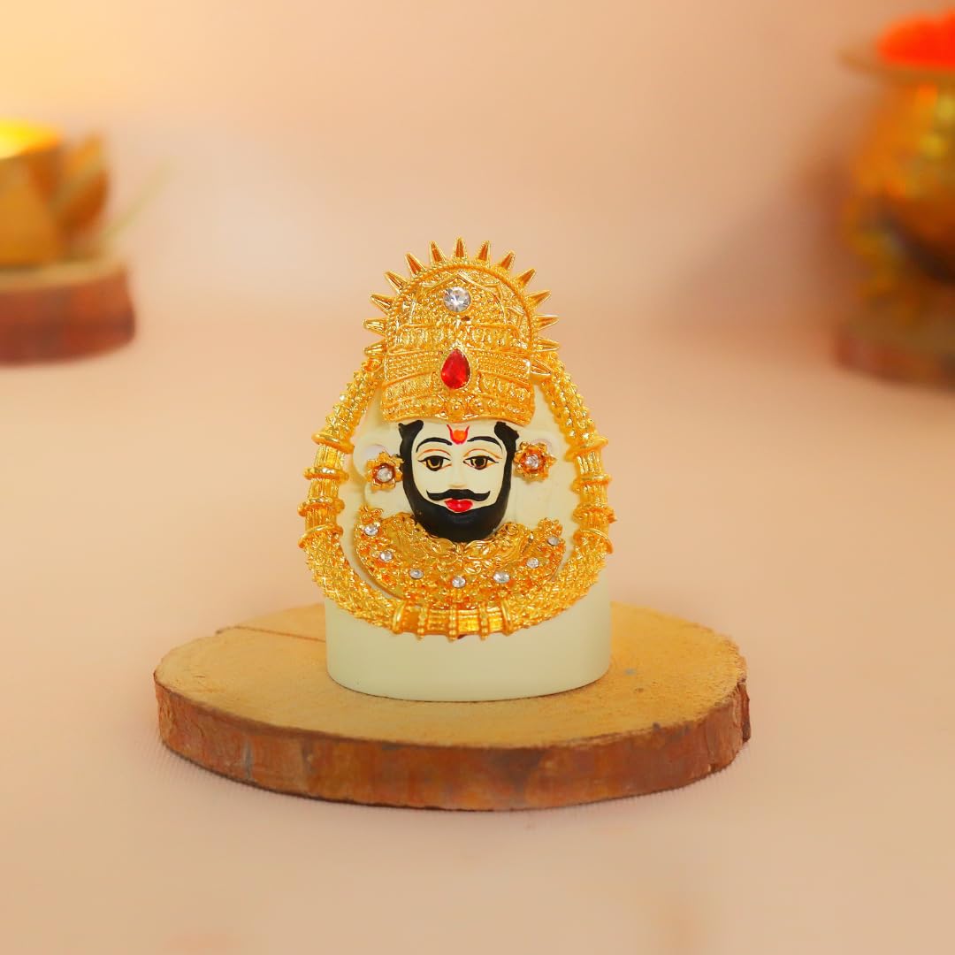 Khatu Shyam Ji Murti | 2.5 Inch | Gold Plated Ornaments | Baba Khatu Naresh | Teen Baan Khatu Shyam | Sheesh Ke Daata | Decorative Statue |
