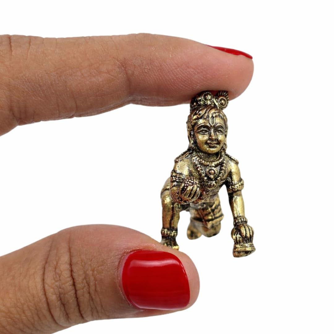 Brass Miniature Laddu Gopal Idol | 1 Inch | Crawling Bal Krishna Murti | Makhan Chor Statue | Figurine Decorative |