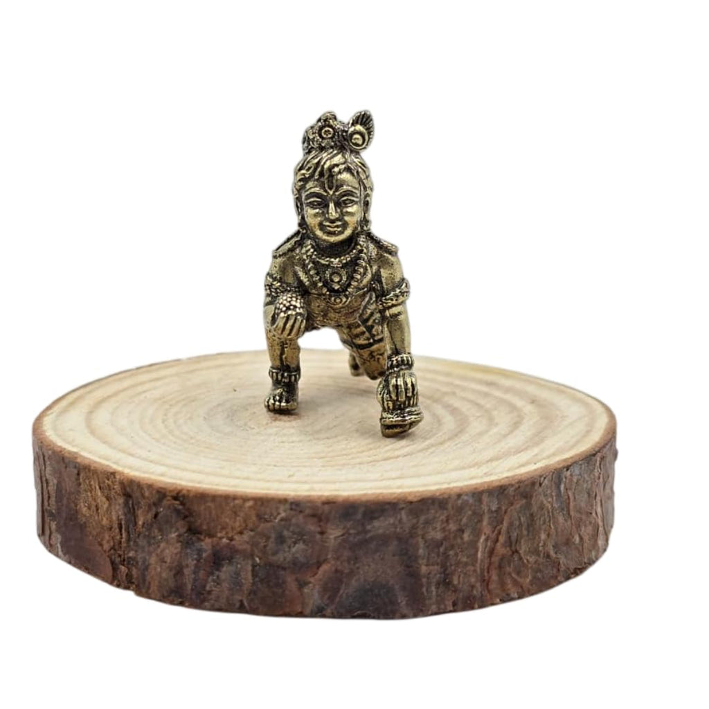 Brass Miniature Laddu Gopal Idol | 1 Inch | Crawling Bal Krishna Murti | Makhan Chor Statue | Figurine Decorative |