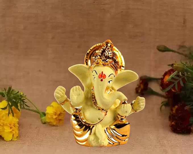Gold Plated Mukut Ganesh Idol - 2.5 x 2 inch