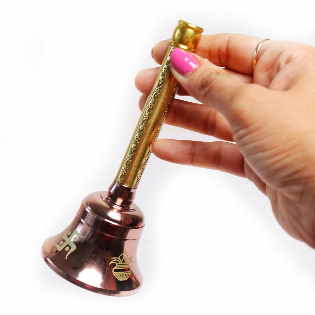 The Spiritual Living Premium Brass Bell | 5.5 Inch | Swastik & Kalash | Handbell for Pooja | | Decoration Items |