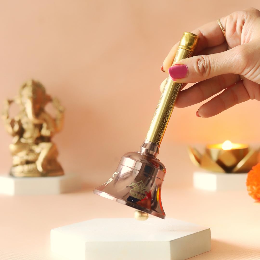 The Spiritual Living Premium Brass Bell | 5.5 Inch | Swastik & Kalash | Handbell for Pooja | | Decoration Items |