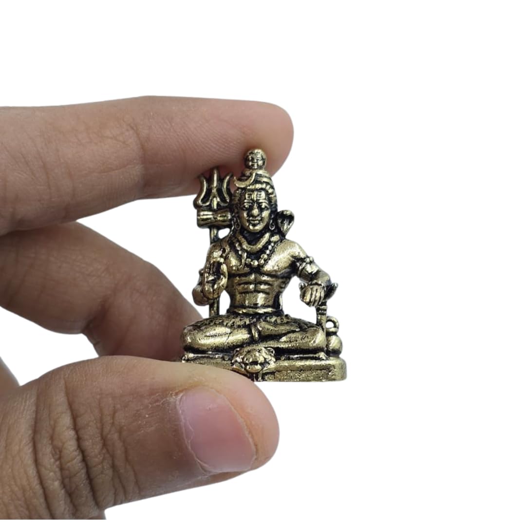 Small Brass Meditating Bholenath Murti | 1 Inch | Minature Lord Shiva | Trishul with Damru for Car Dashboard |