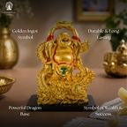 Golden Laughing Buddha Holding Ingot on Dragon  6.5 inch
