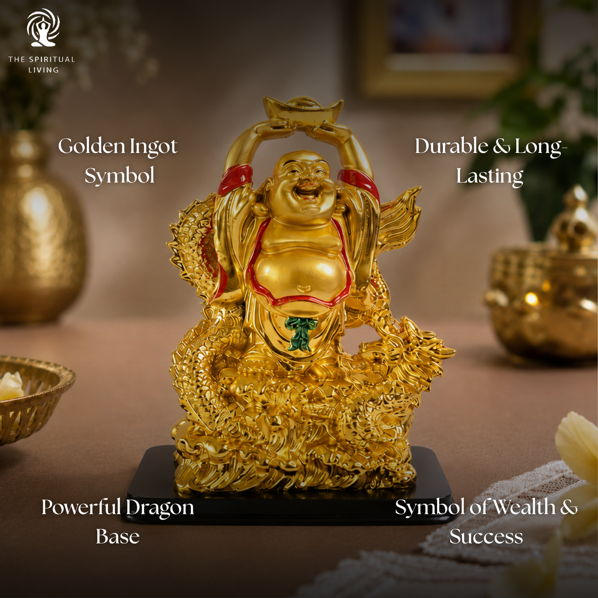 Golden Laughing Buddha Holding Ingot on Dragon  6.5 inch