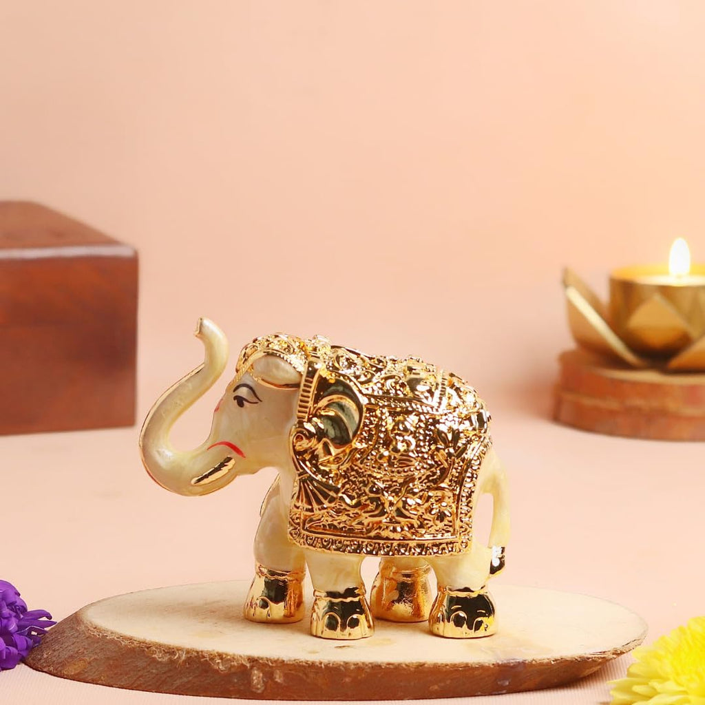 Gold Plated Elephant | Pack of 2 | 3 Inch | Stone Finish | Feng Shui | Idol |