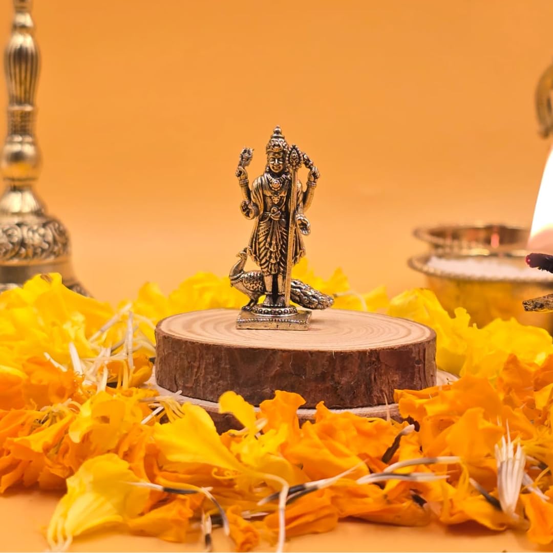 Brass Lord Murugan Idol with Peacock Small | 1.5 Inch | | Mini Statue | Kumaraswamy | Small Kartikeya Murti |