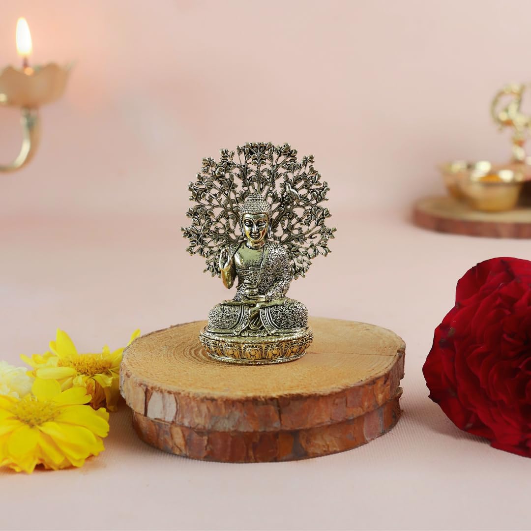 Meditating Buddha Idol with Bodhi Tree | 2.5 Inch | Brass Murti | Feng Shui |