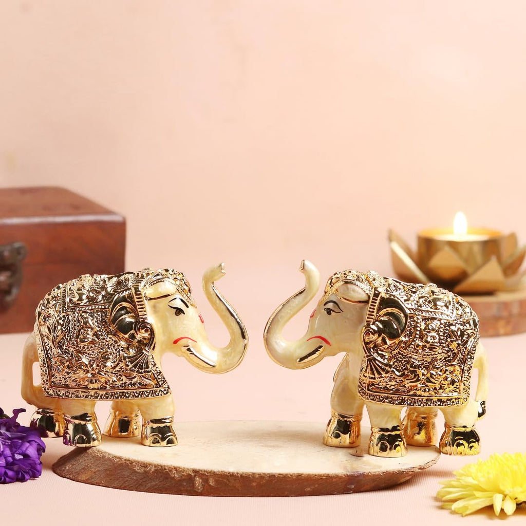 Gold Plated Elephant | Pack of 2 | 3 Inch | Stone Finish | Feng Shui | Idol |