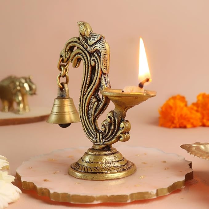 Peacock Brass Diya with Bell | 4.25 Inch