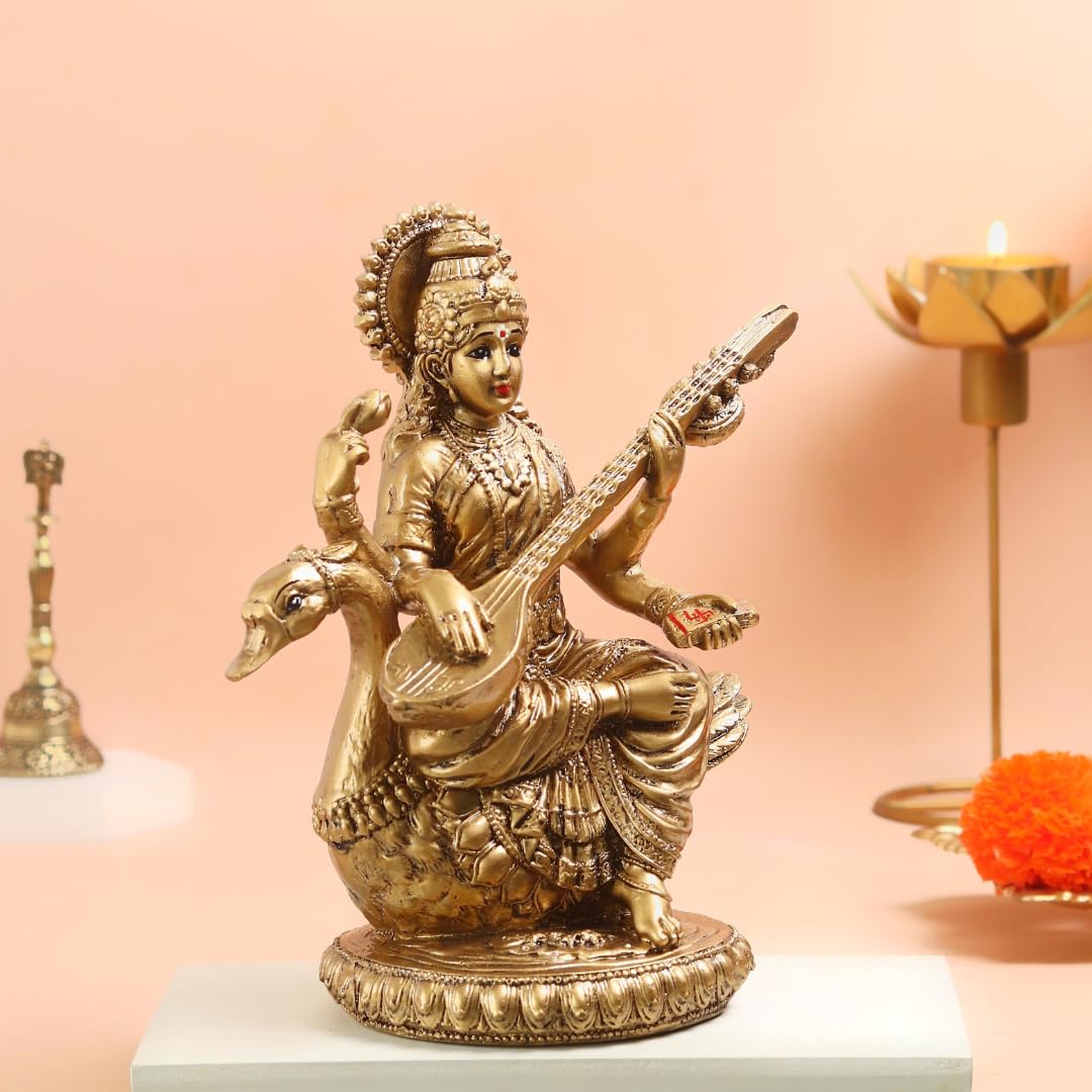 Saraswati Maa Idol | 8 Inch | Statue | Murti | Gold Resin Idol | Vasant Panchami | Sitting On Swan | Big |