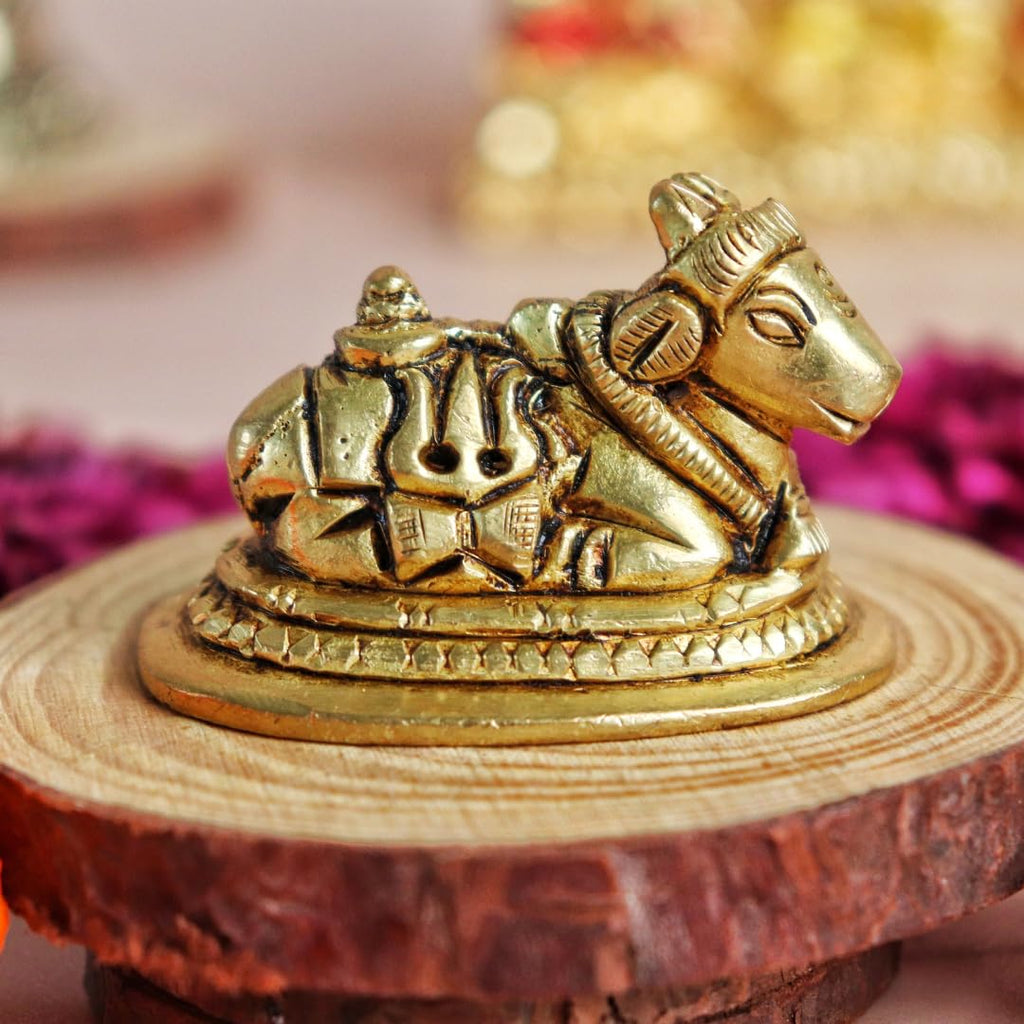 Pital Small Nandi | 2 Inch | Brass Idol | Trishul & Om |Hindu Gods | Murti | Shivling with Nandi| Cow Statue |