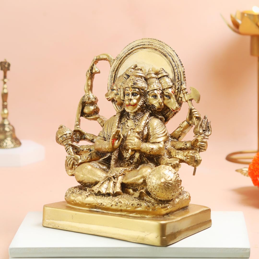Panchmukhi Hanuman Ji Ki Murti | 6.5 Inch | Idol | Resin Statue for Home Decor | God Idols for | Figurine | Golden |