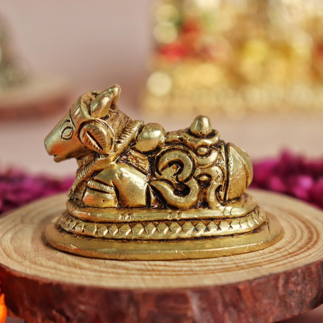 Pital Small Nandi | 2 Inch | Brass Idol | Trishul & Om |Hindu Gods | Murti | Shivling with Nandi| Cow Statue |