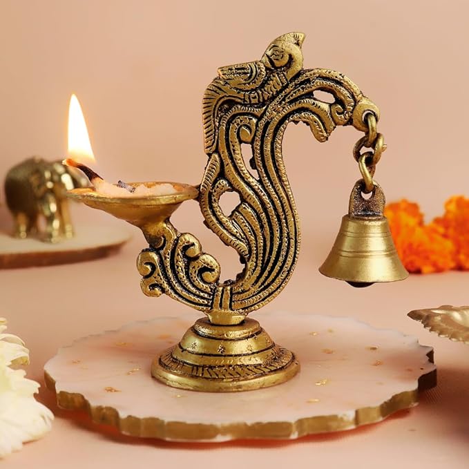 Peacock Brass Diya with Bell | 4.25 Inch
