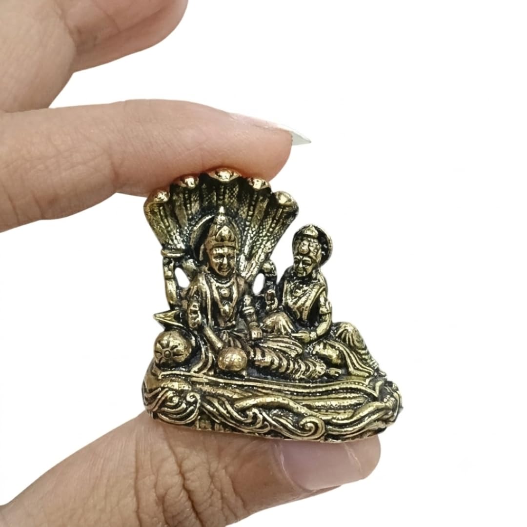 Brass Lakshmi Narayan Idol Miniature | 1.25 Inch | Sheshnag Vishnu Murti | Home Temple | Vastu Decor |