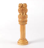 Wooden Hand Carved Ashoka Pillar | 6Inch | Table Top Decor Showpiece Statue with Lucky Coin |