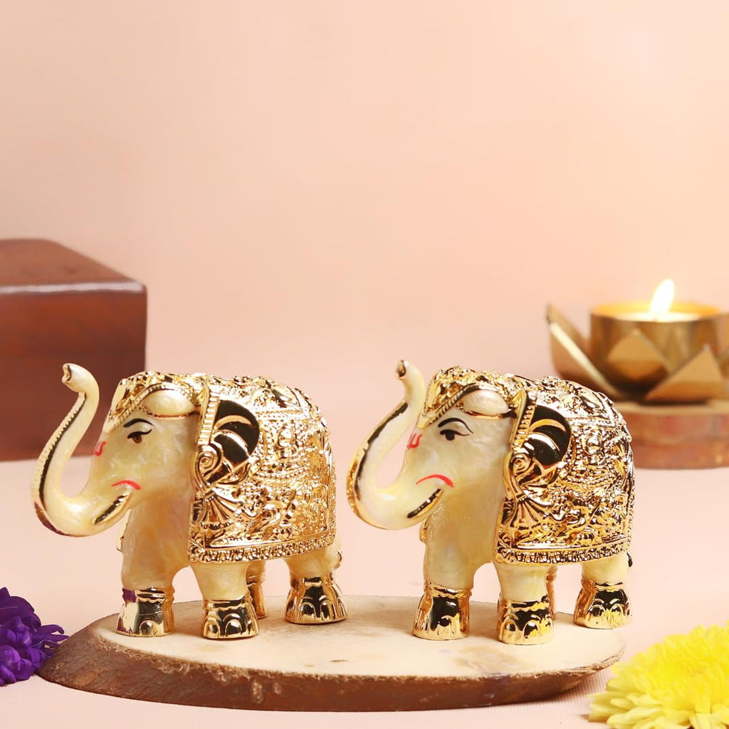 Gold Plated Elephant | Pack of 2 | 3 Inch | Stone Finish | Feng Shui | Idol |