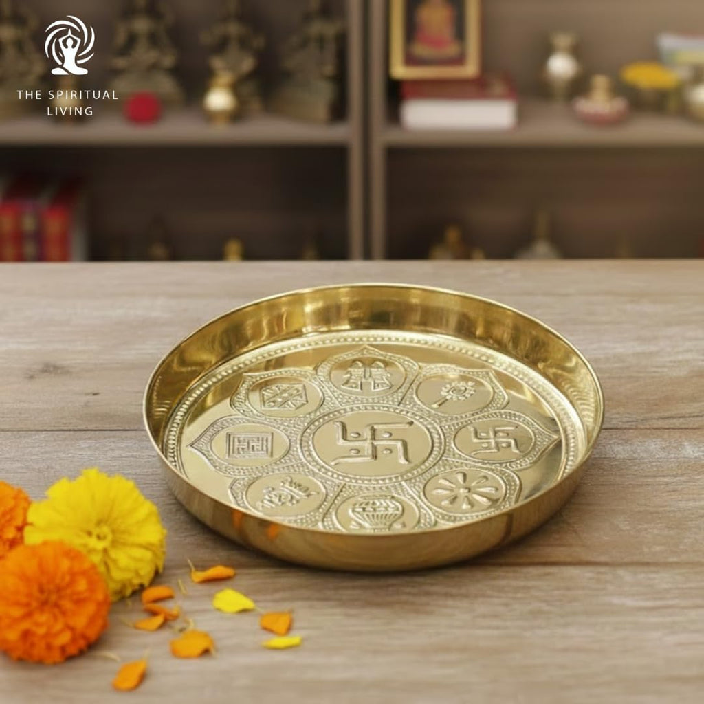 Brass Jain Astha mangal Pooja Plate | 5.5 Inch | Bhog Thali | Eight Auspicious Symbols |Pital |