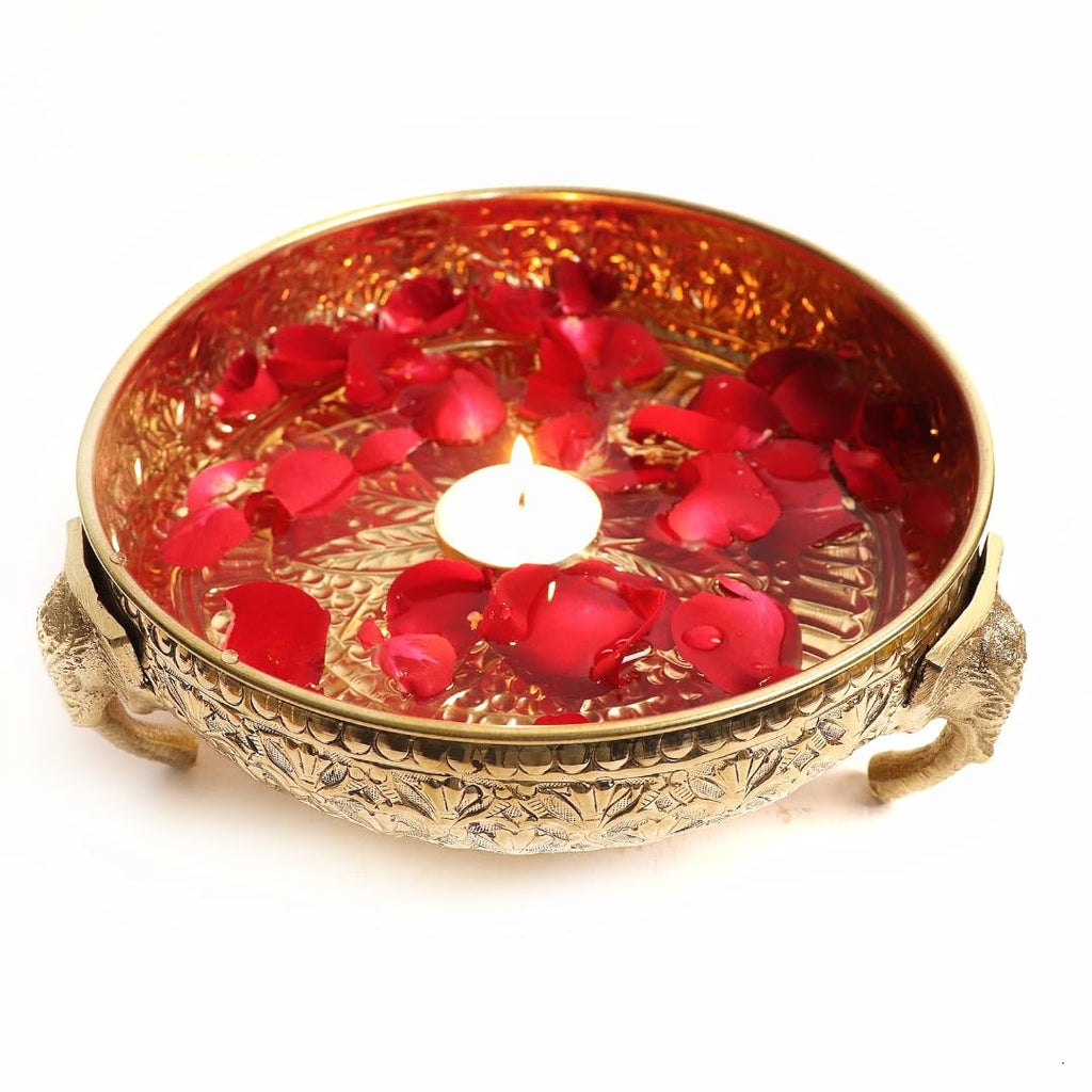 Brass Elephant Urli | 8 Inch | Urli Bowl | | Urali | Pital | Diwali | Urli Set for Decoration | with Stand |