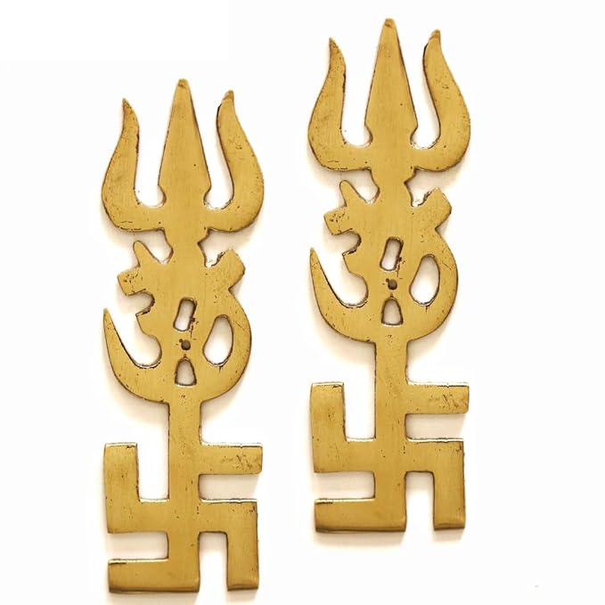 Brass Om Swastik Trishul for Main Door - 5 Inch - 2 Pcs Set