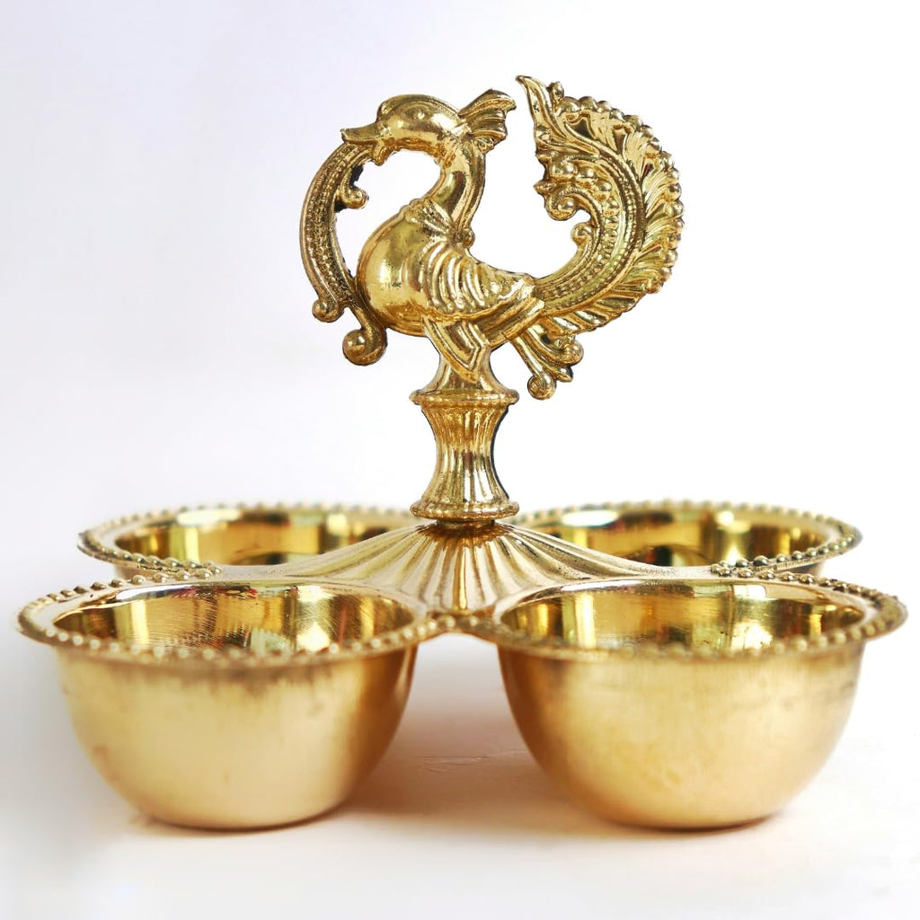 Kumkum Holder with Peacock Handle | 3.5 Inch | Decorative Dani 4 Bowl Stand | Pooja Thali for Roli Chawal Haldi |