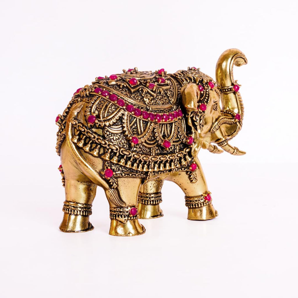 Brass Elephant Idol with Red Ruby Stones | 4 Inch | Good Luck |  Feng Shui | Temple Decoration | Diwali Gift | Housewarming |