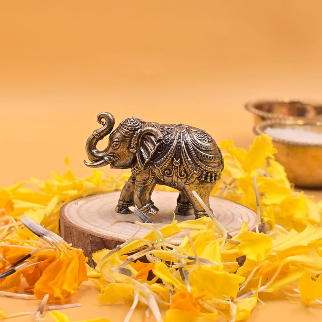 Brass Elephant Idol Pair | 1.5 Inch | Pack of 2 | Minature Statue for Good Luck | Feng Shui |