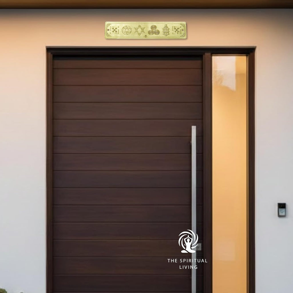 Brass Dwar Patti | 7 Inch | For Main Door Outside | Sudarshan Chakra| Shatkona | Triskelion |