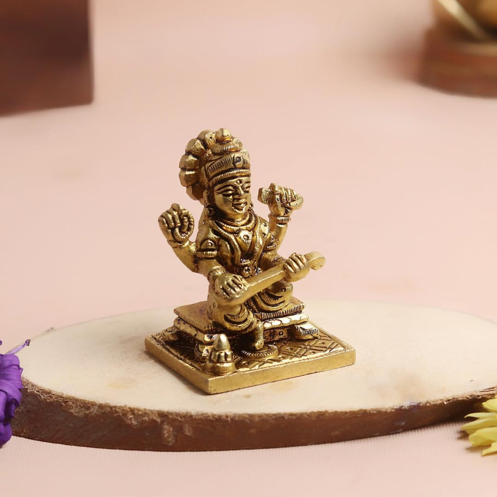 Brass Saraswati Maa Idol | 3 Inch | Statue | Veena Vadini | Vasant Panchami | | Pital Ki Murti | Study Table |