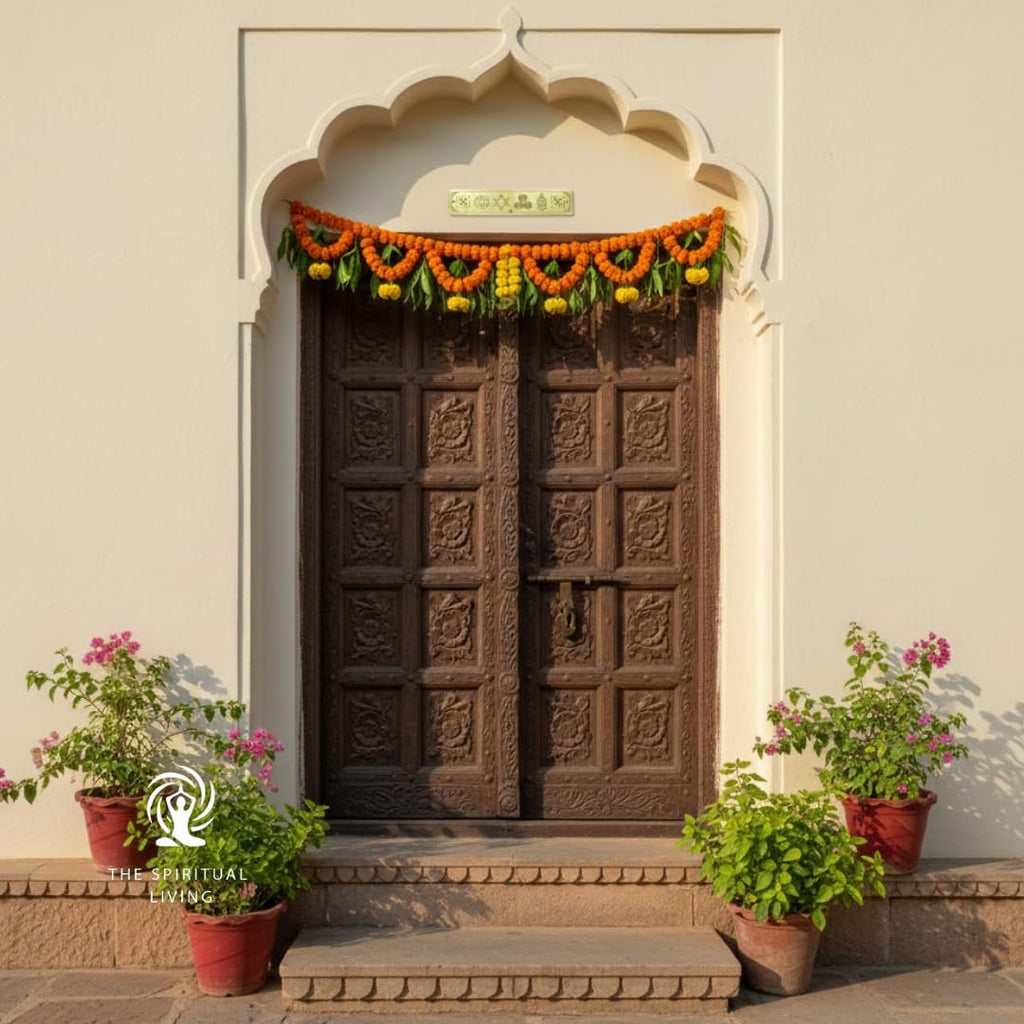 Brass Dwar Patti | 7 Inch | For Main Door Outside | Sudarshan Chakra| Shatkona | Triskelion |