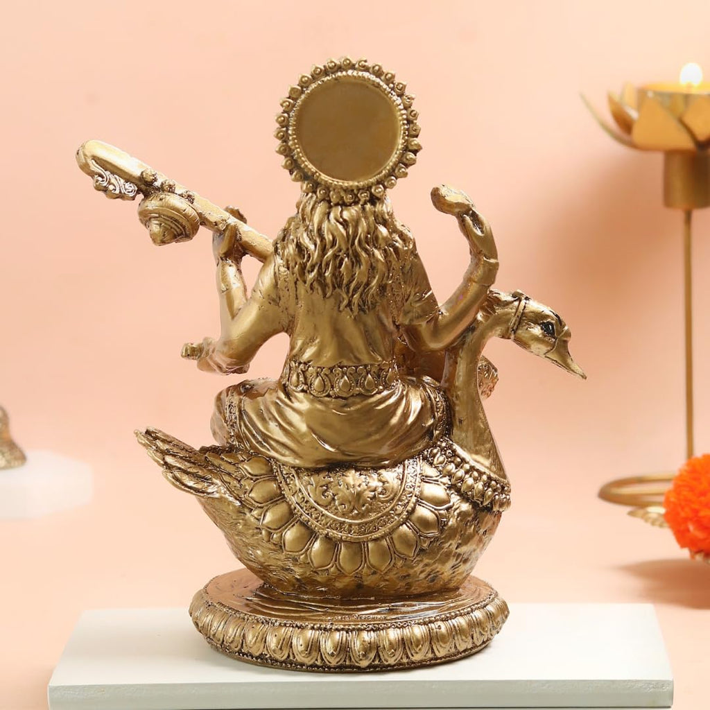 Saraswati Maa Idol | 8 Inch | Statue | Murti | Gold Resin Idol | Vasant Panchami | Sitting On Swan | Big |