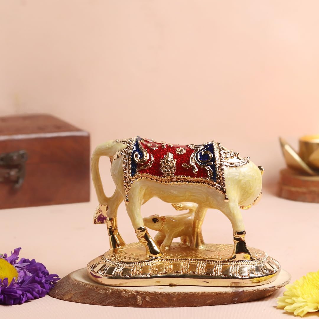 Kamdhenu Cow with Calf Idol Gold Plated| 4.5 Inch | Vastu Home Decor |