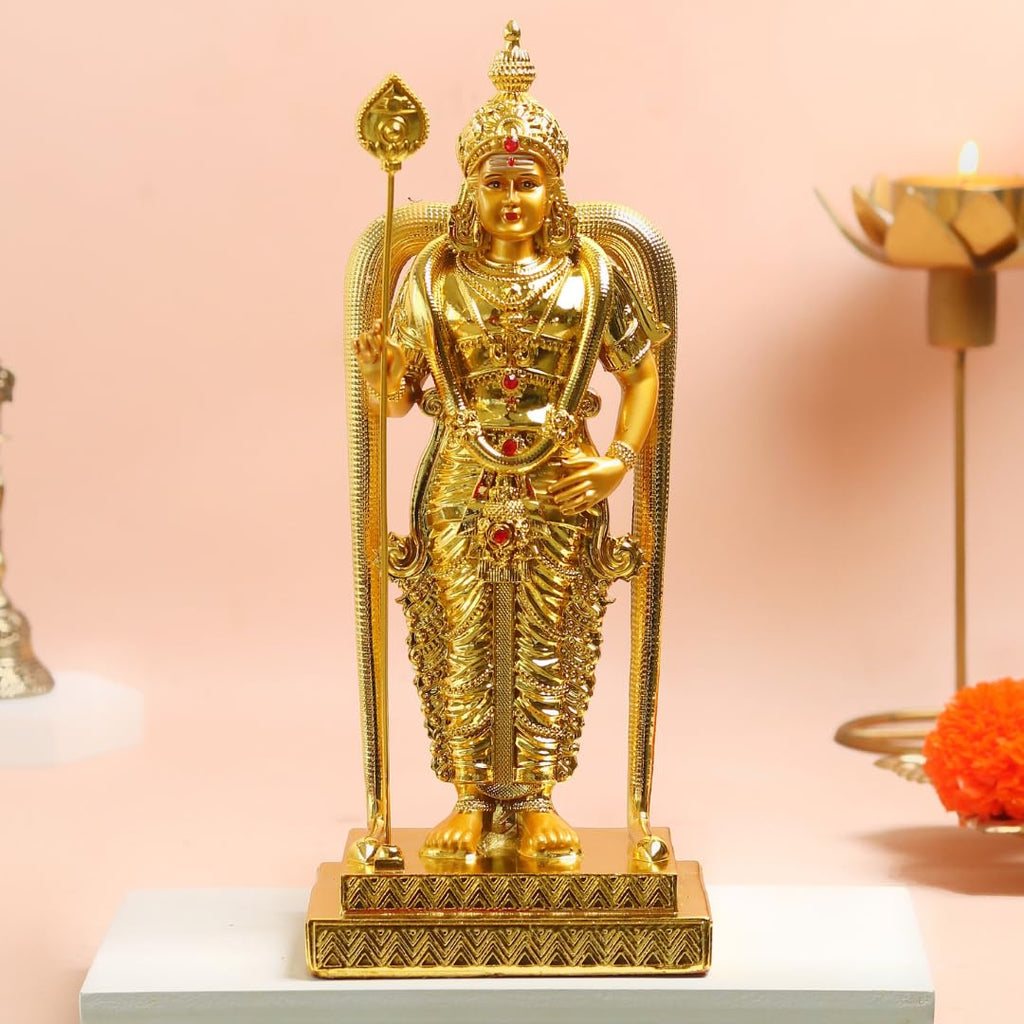 Murugan Statue for Pooja | 9 Inch |  Gold Plated | Vilakku | Kartikeya| God Statue | Silai | Skanda Swamy Murti