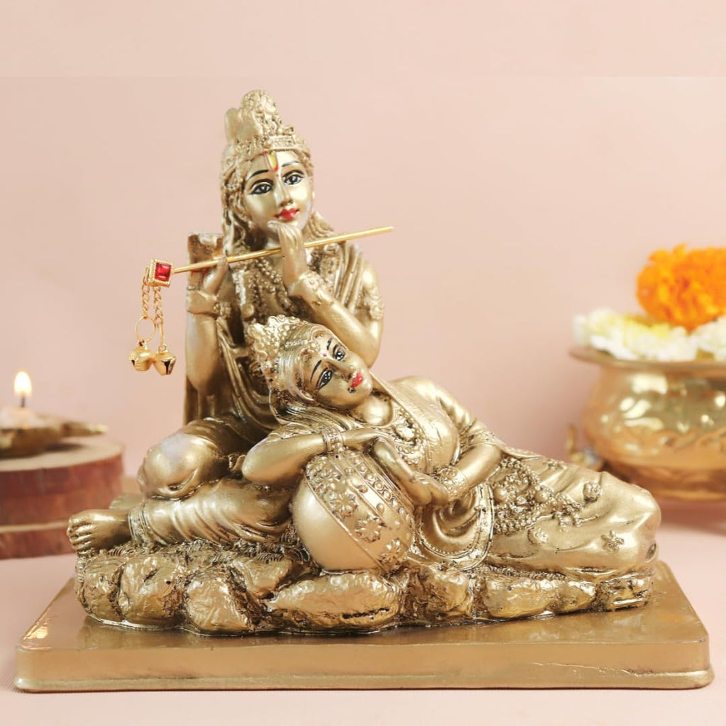 Radha Krishna Sitting Statue | 7 Inch | with Flute | Murti for Mandir - Temple - Home Decor |